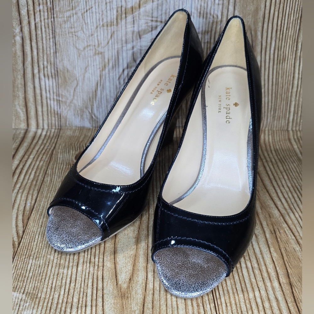 Kate Spade Black Patent Leather Peep‎ Toe Heels Size 8